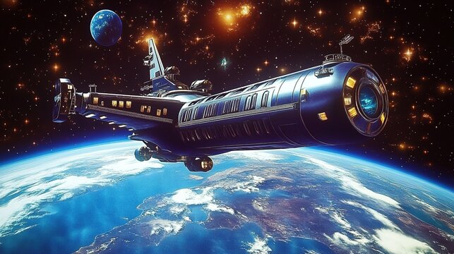 A futuristic spaceship flying over the Earth. The Earth below the spaceship is visible, with its blue oceans and landmasses. Cosmos is fraught with many secrets and dangers