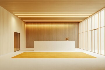 Modern minimalist reception area with wooden wall, white counter, and yellow rug.