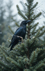 A crow perched on the top of a pine tree