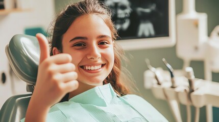 A young girl smiling and giving a thumbs up while sitting in a dentist's chair.