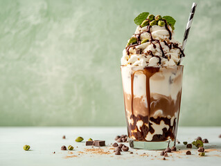 Dubai Chocolate Ice Cream iced coffee latte with pistachio ice cream, tahini, kataifi, whipped cream chocolate drops and dubai chocolate flavored syrup, on white green table, copy space