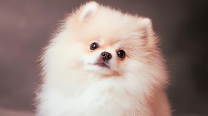 Fototapeta premium Adorable fluffy Pomeranian dog looking curiously at the camera with soft expressions.
