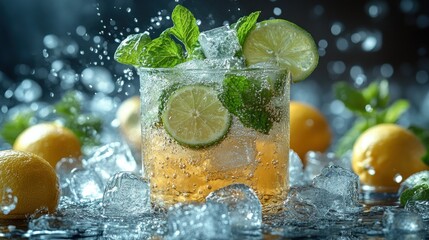 Refreshing citrus and mint drink with ice