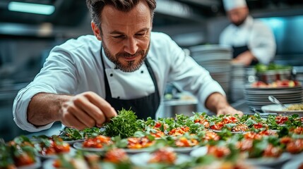 A chef garnishing a gourmet meal with fresh herbs before serving it to a waiter**, showcasing attention to detail in a high-end hotel restaurant kitchen 