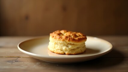A warm and inviting photograph of a single biscuit, freshly baked and placed on a rustic wooden table or a vintage ceramic plate, with a soft, natural light casting a gentle glow, highlighting the bis