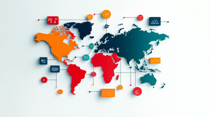 Fototapeta premium A colorful world map with highlighted regions and icons representing various data points and information.