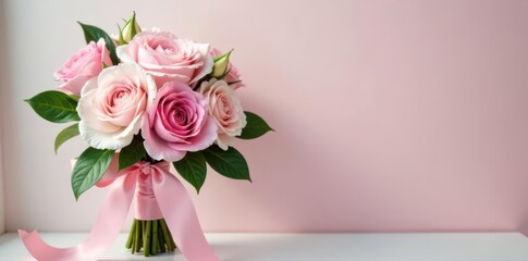 Fototapeta premium Delicate pink roses & peonies bridal bouquet, tied with satin ribbon , satin ribbon, love