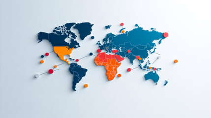 Obraz premium A colorful, abstract representation of a world map, highlighting different regions with various colors and dots.