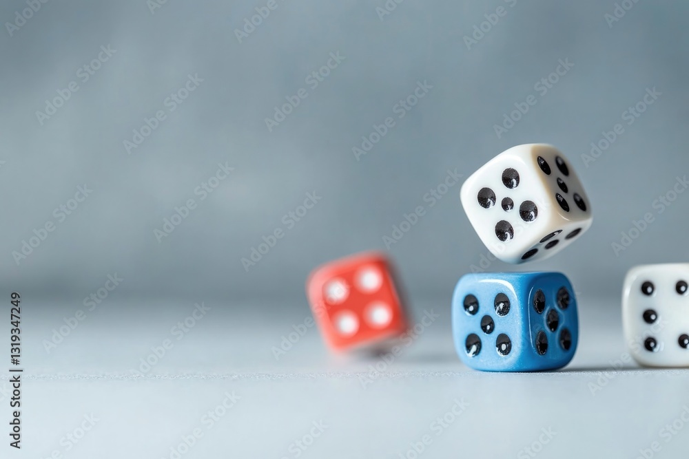 Poster minimalist flat lay of colorful dice scattered on smooth white surface captured under diffused light
