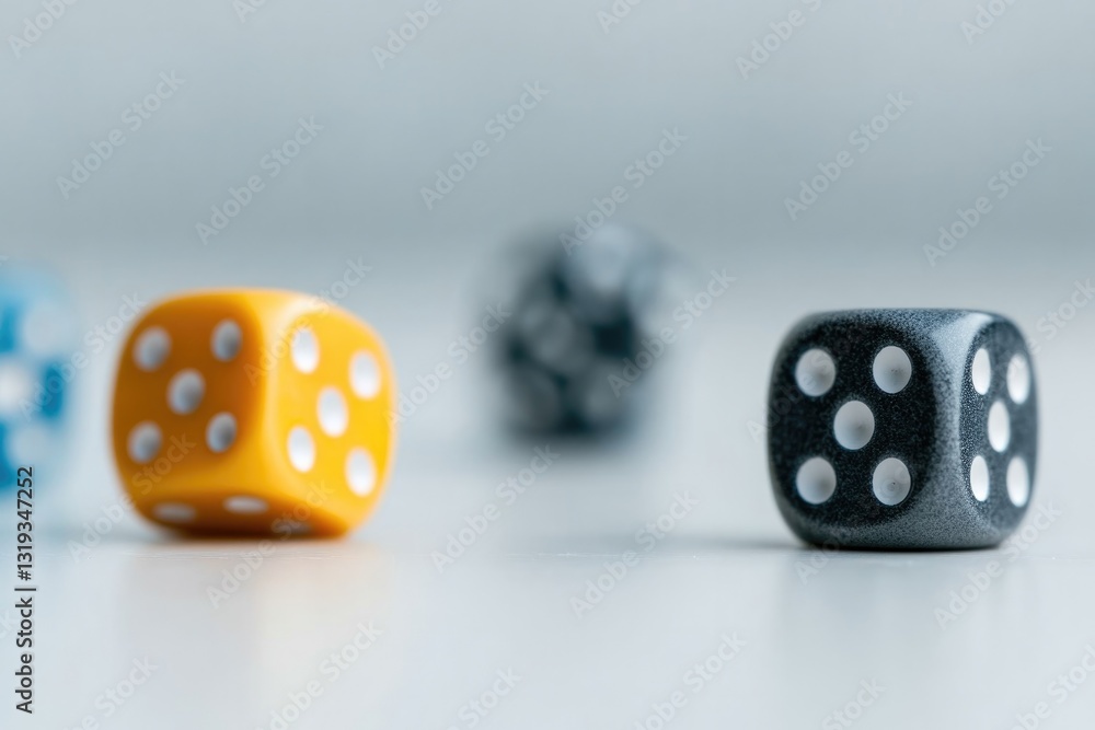 Poster minimalist flat lay of colorful dice scattered on smooth white surface captured under diffused light
