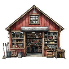 watercolor illustration. Rustic workshop with tools and equipment on display. on transparent cutout, PNG file