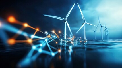Harnessing wind energy renewable energy development coastal region digital art futuristic environment aerial view sustainability concept
