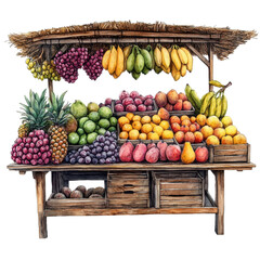 watercolor illustration. Vibrant fruit stand overflowing with colorful fresh produce. on transparent cutout, PNG file