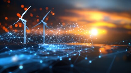 Renewable energy innovation coastal wind farms digital art sunset background aerial perspective sustainable future