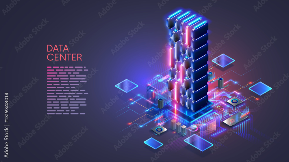 Fototapete Data center isometric concept. Computing Big Data in Datacenter. Big server rack connected at hardware infrastructure. Computer networks technology and AI data analyzing. Supercomputer in Datacenter.