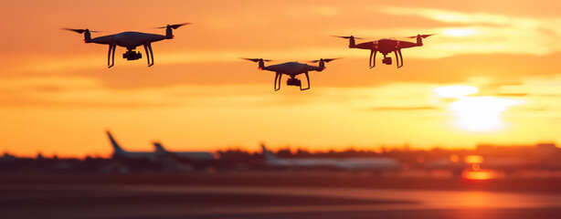 Three Drones Flying in Formation Over an Airport Runway at Sunset
