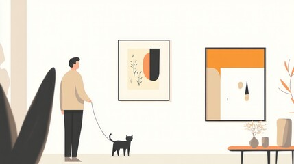 Man viewing art with cat, modern home, gallery