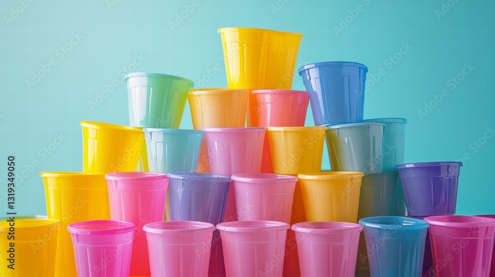 Poster stack of rainbow cups: a vibrant arrangement of colorful cups stacked high, creating a visually appe