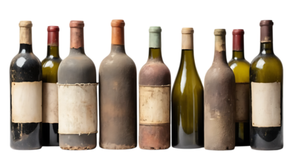 Collection of aged and dusty wine bottles png 