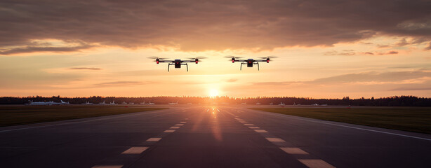Three Drones Flying in Formation Over an Airport Runway at Sunset
