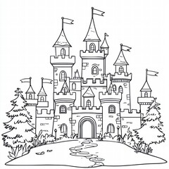 Fototapeta premium Royal Fortress Coloring Page: A majestic fairytale castle illustration with turrets, flags, and a stone pathway, ready for artistic personalization.