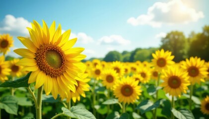 Obraz premium Tall sunflowers sway gently in a summer breeze, creating a sea of yellow, photography, tranquility