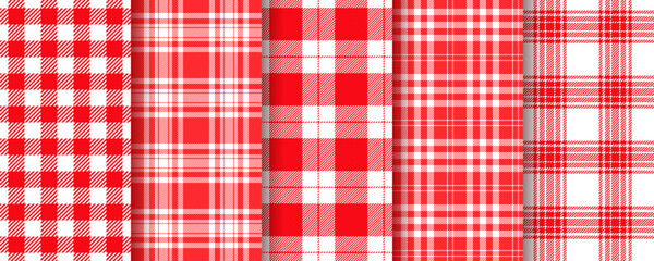 Cloth seamless pattern. Vichy red white background. Check textures. Set tartan checkered prints. Plaid tablecloth. Buffalo table cloth. Kitchen napkin backdrop. Gingham textile. Vector illustration