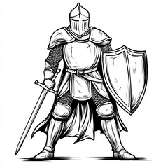 Obraz premium Guardian of Valor: An imposing illustration of a medieval knight, clad in shining armor, stands firm with a sword and shield, embodying strength, courage, and chivalry. 