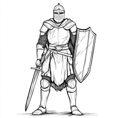Obraz premium Ancient Guardian: A stoic knight stands at attention, clad in full shining armor and clutching a gleaming sword and shield, ready to defend.