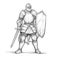 Obraz premium Brave Knight Illustration: A medieval knight stands poised with his sword and shield, ready for battle in a detailed black and white illustration.