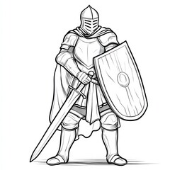 Knight's Vigil: A formidable knight stands at attention, clad in gleaming plate armor and holding a sword and shield, ready for battle. The image, a striking line drawing.
