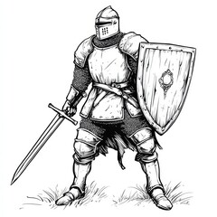 Obraz premium Ink Armor: A stoic knight, fully clad in gleaming armor, stands ready with sword and shield, embodying the valor and tradition of medieval times, with a stark and striking black and white aesthetic.