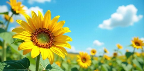 Obraz premium Vibrant yellow sunflower faces up, bright blue sky backdrop, scene, flora, detail