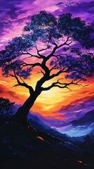 Colorful sunset landscape with tree art high resolution picture