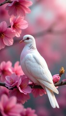 White dove perched amidst vibrant pink blossoms , gentle, beauty