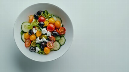 Fresh & Vibrant Salad Bowl: A colorful and healthy salad bowl filled with fresh tomatoes, cucumbers, olives and cheese, representing a vibrant and nutritious meal.