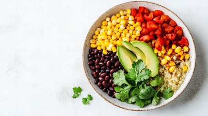 Fototapeta premium Nutritious Fiesta: A vibrant, meticulously arranged food bowl brimming with colorful, wholesome ingredients, inviting viewers to savor the freshness and healthiness of a balanced meal.