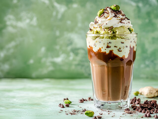 Dubai Chocolate Ice Cream iced coffee latte with pistachio ice cream, tahini, kataifi, whipped cream chocolate drops and dubai chocolate flavored syrup, on white green table, copy space