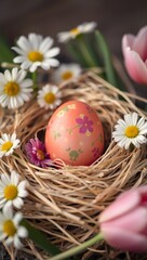 A beautifully decorated Easter egg resting in a nest surrounded by blooming flowers and fresh greenery, symbolizes spring and the joy of Easter celebrations.