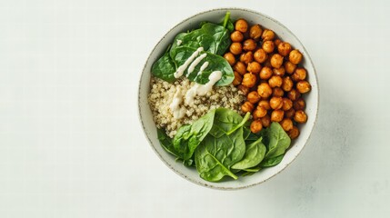 Nourishing Bowl of Goodness: A visually appealing bowl brimming with a colorful and healthy mix of ingredients, including crisp spinach, chickpeas, grains, and a creamy dressing.