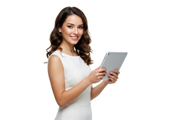 Fototapeta premium Portrait of attractive european female, holding tablet, while posing isolated on White background