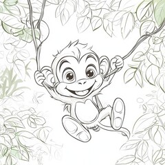  Playful Monkey Swinging: A cheerful cartoon monkey joyfully swings from a vine amidst lush jungle foliage, radiating happiness and the spirit of adventure.