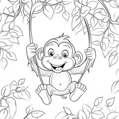Obraz premium Playful Monkey on Swing: A cheerful cartoon monkey swings joyfully from a vine in a vibrant forest setting, exuding an aura of playful fun, making the world smile.