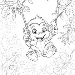 Playful Monkey on a Swing: A cheerful monkey joyfully swings from a rope, surrounded by lush jungle foliage, a whimsical depiction of a carefree animal. 