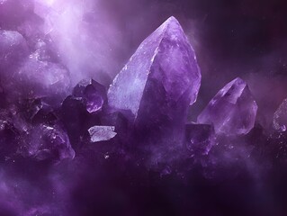 Obraz premium Purple Crystal Cluster: A captivating cluster of shimmering purple crystals, bathed in an ethereal light, revealing their intricate facets and alluring beauty.