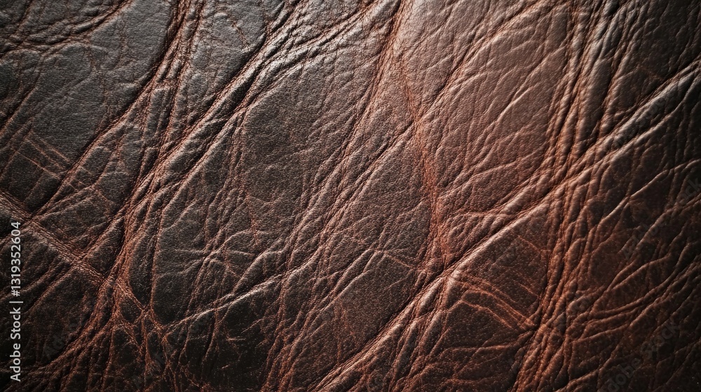 Poster Rich brown leather displays an intricate network of creases and textures, illuminated by soft light that enhances its warmth and character. Each line tells a story of time and use