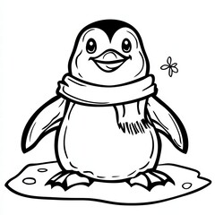 Penguin with Scarf Cartoon: A charming cartoon illustration of a happy penguin, warmly dressed in a scarf, sitting on a snowy surface, its cheerful expression and the single snowflake suggests winter.