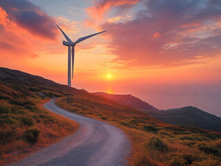 Obraz premium A massive wind turbine stands tall against a bright sunset sky, silhouetted by vibrant hues of orange and purple. The winding path leads toward the serene coastal landscape