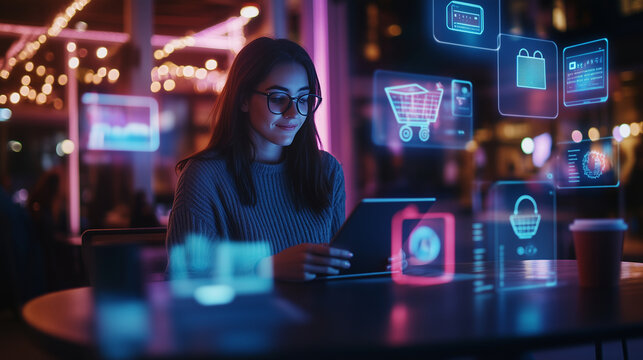 A tech-savvy woman sits in a modern caf&Atilde;&copy;, using her tablet to make an online payment. Holographic icons for shopping, omni-channel retail, and mobile banking float around her, illu