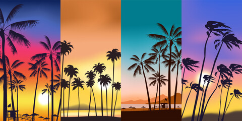 summer beach sunset vertical landscape banners background palm trees sea vacation  vector illustration